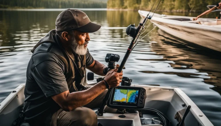 A fisherman using Garmin ECHOMAP UHD with Panoptix LiveScope on a serene lake.