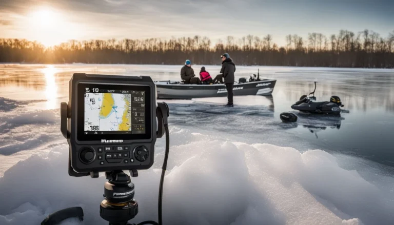 A fisherman using high-tech fishing equipment on a frozen lake.