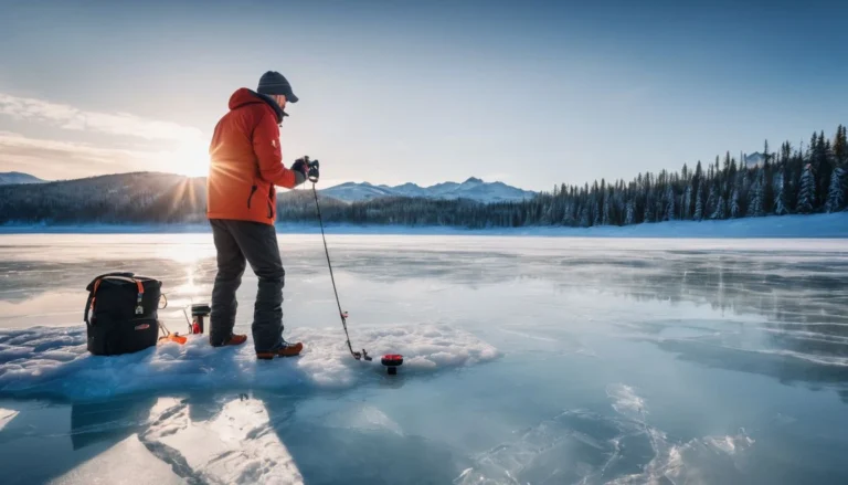 A person peacefully ice fishing on a frozen lake with high-tech gear.