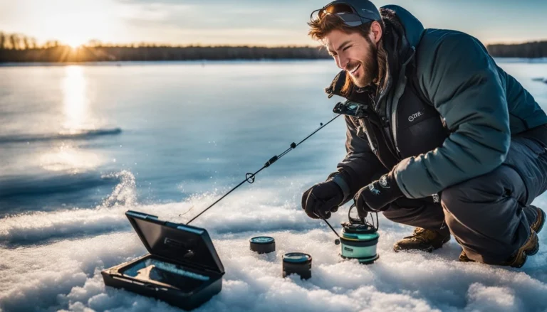 An angler using a fish finder on a frozen lake.