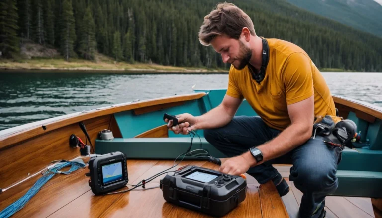 A fisherman installing a lithium battery in a Garmin Fish Finder.