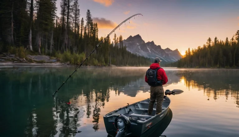 A fisherman holding a Garmin Fish Finder on a calm lake at dawn.