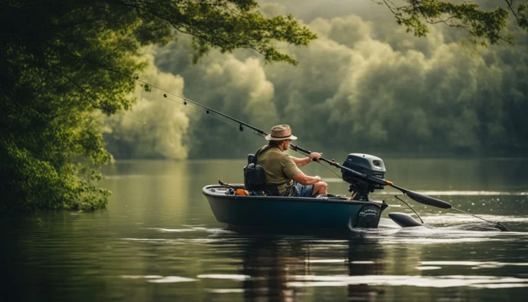 A fisherman using a Fish Finder in a serene lake surrounded by greenery.
