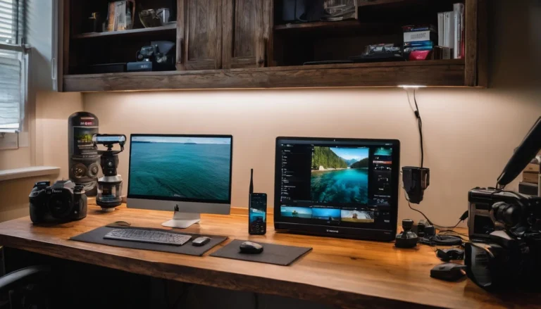 Neatly organized home workstation with a plugged-in garmin fish finder.
