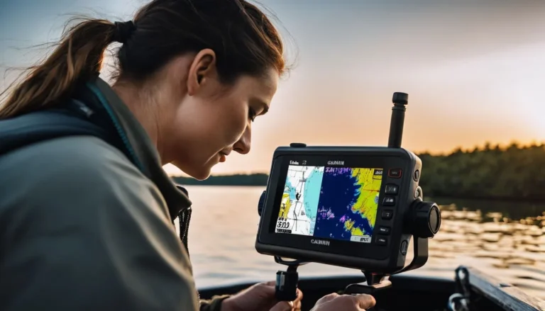 A person resets a Garmin depth finder on a fishing boat.