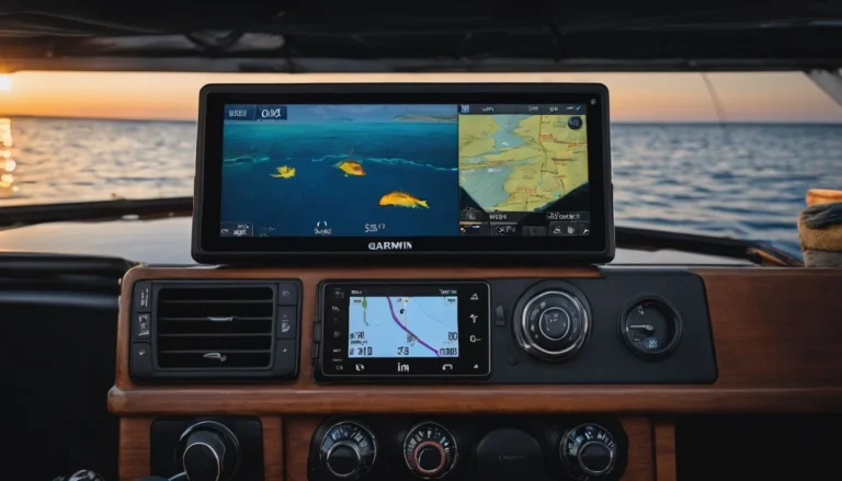 A garmin fish finder connected to a boats dashboard surrounded by marine electronics.