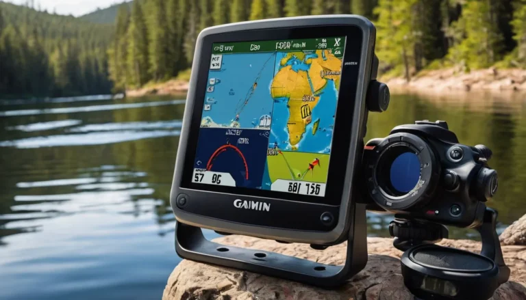 A Garmin Fish Finder display surrounded by fishing gear and nature photography.