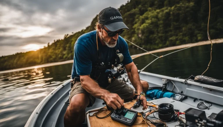 A fisherman installs a Garmin Fish Finder on a boat.