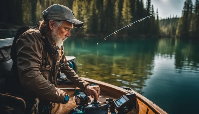 A fisherman uses a Garmin Fish Finder on a serene lake.