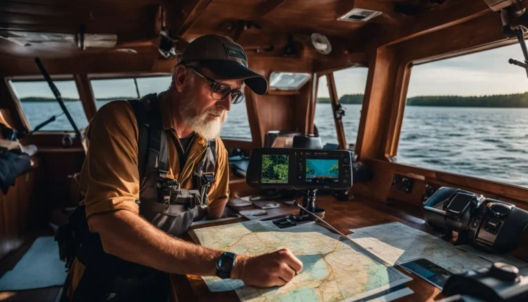 A fisherman using a Garmin Fish Finder on a boat surrounded by navigational auds and maps.