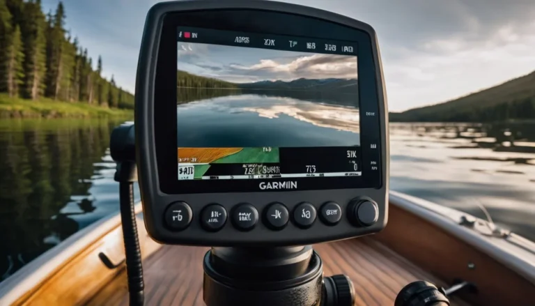 A person resetting a Garmin depth finder on a boat in a calm lake.