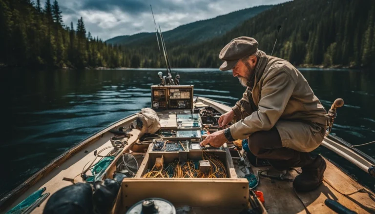 A fisherman inspects a fuse box on a boat surrounded by fishing equipment