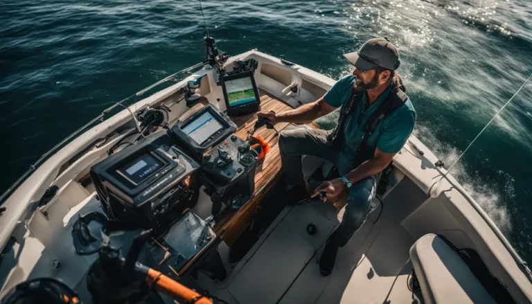 A fisherman using a Garmin Fish Finder on a boat.