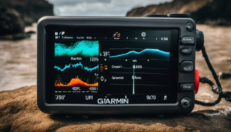 A Garmin depth finder displaying readings in murky water.