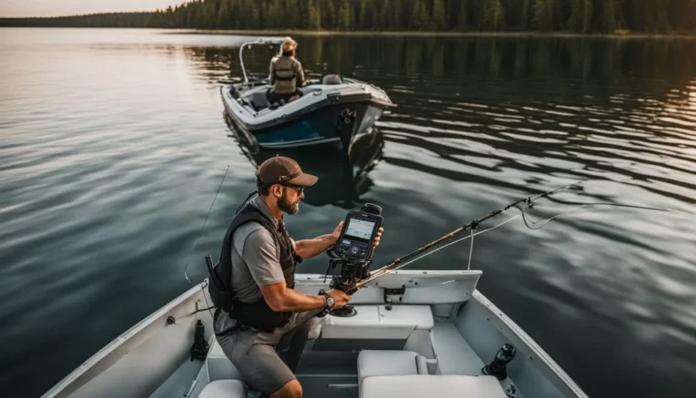 A fisherman using a Garmin Fish Finder on a boat in a calm lake.