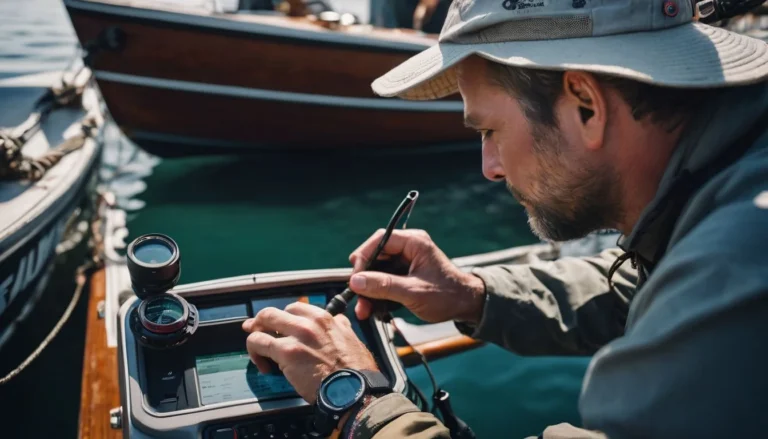 A fisherman adjusting a Garmin Depth Finder on a boat in Calm Water.